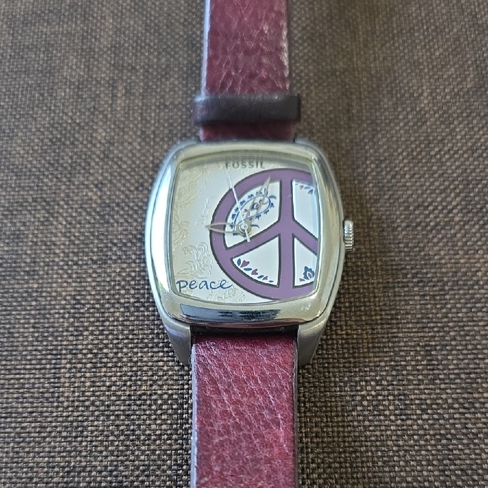 Fossil Silver Watch with Purple Peace Design